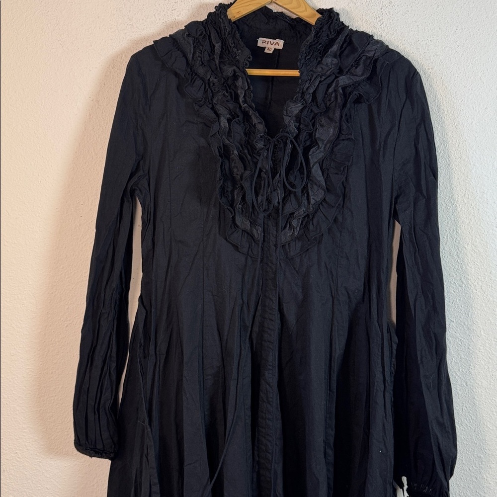 Riva Black Long-Sleeve Cotton Silk Dress with Ruffle size Large NWOT